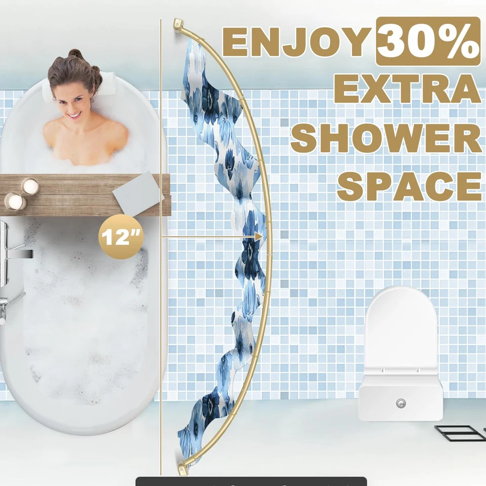 Varilla de ducha expandible, dorada, diseño curvo, a prueba de óxido, antideslizante, se requiere taladro Foto 3 de 4