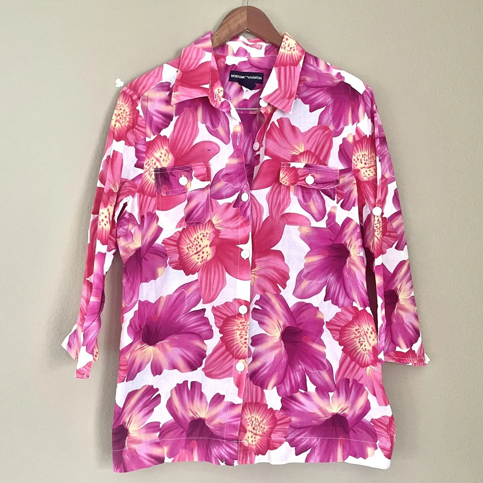 Blusa Norton McNaughton Floral Algodón Botón Frontal Rosa Blanca Talla Grande Foto 2 de 4