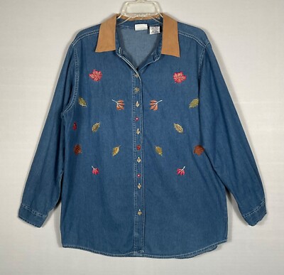 BOBBIE BROOKS WOMAN Shirt 14W/16W Blue Denim Embroidered Leaves Long Sleeves