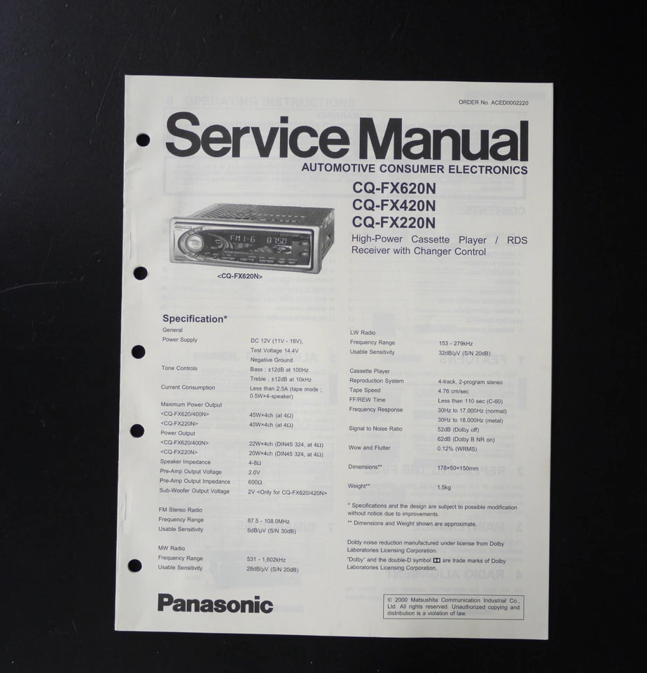 Original PANASONIC CQ-FX620N/FX420N/FX220N Car Cassette Player Service Manual O7 - Bild 1 von 1