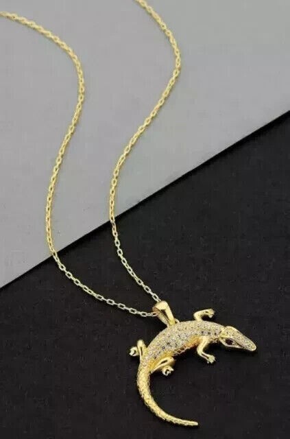 Round Cut Simulated Diamond Stunning Lizard Charm Pendant 14K Yellow Gold Plated