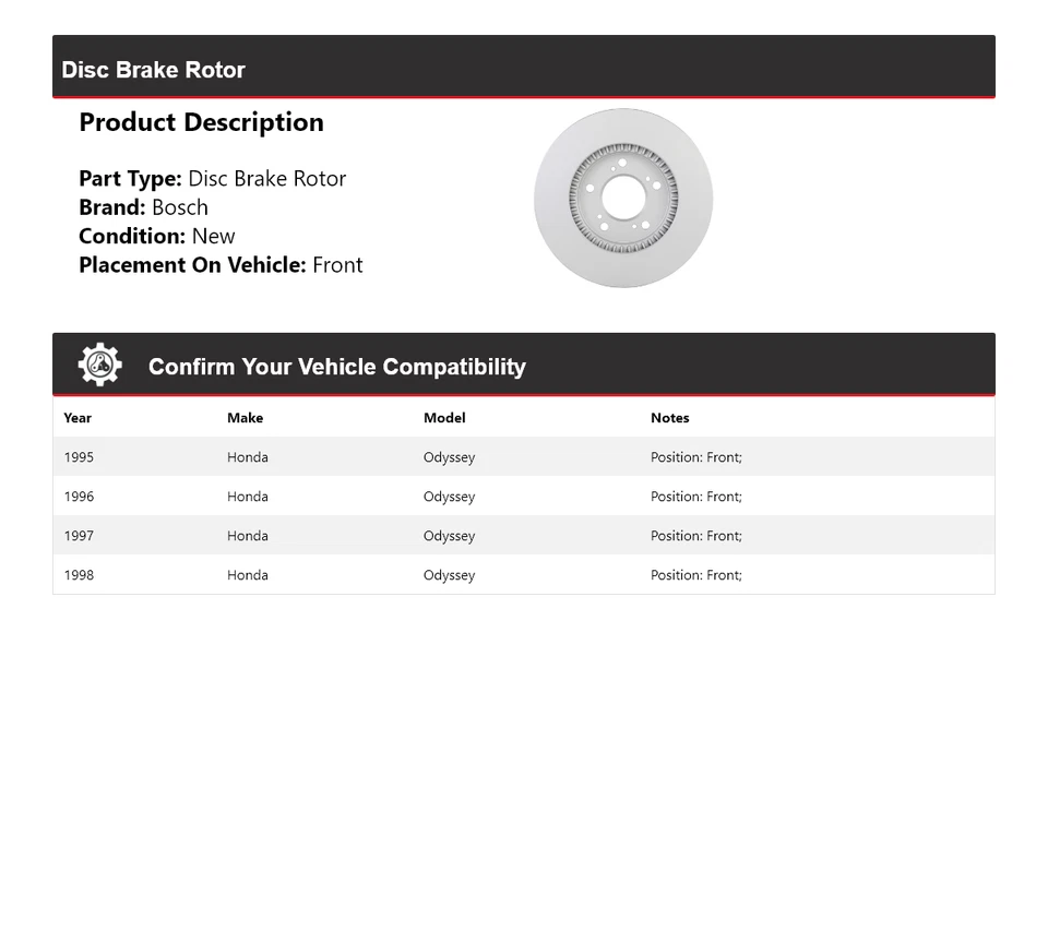 Rotor de freno de disco delantero QuietCast Bosch 1995-1998 Honda Odyssey Bosch 1996 1997 Foto 2 de 4