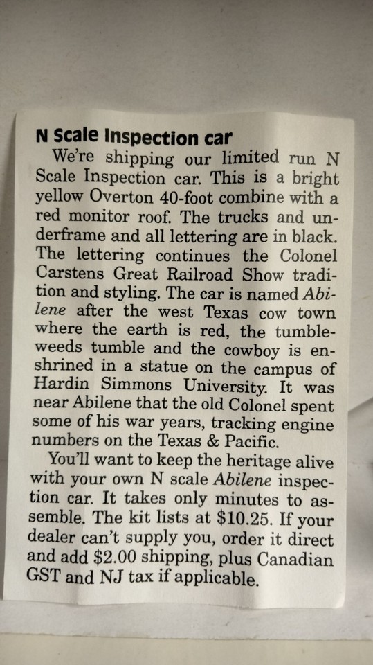 Col. Carstens coast To coast Railroad Show N Scale Inspection Car