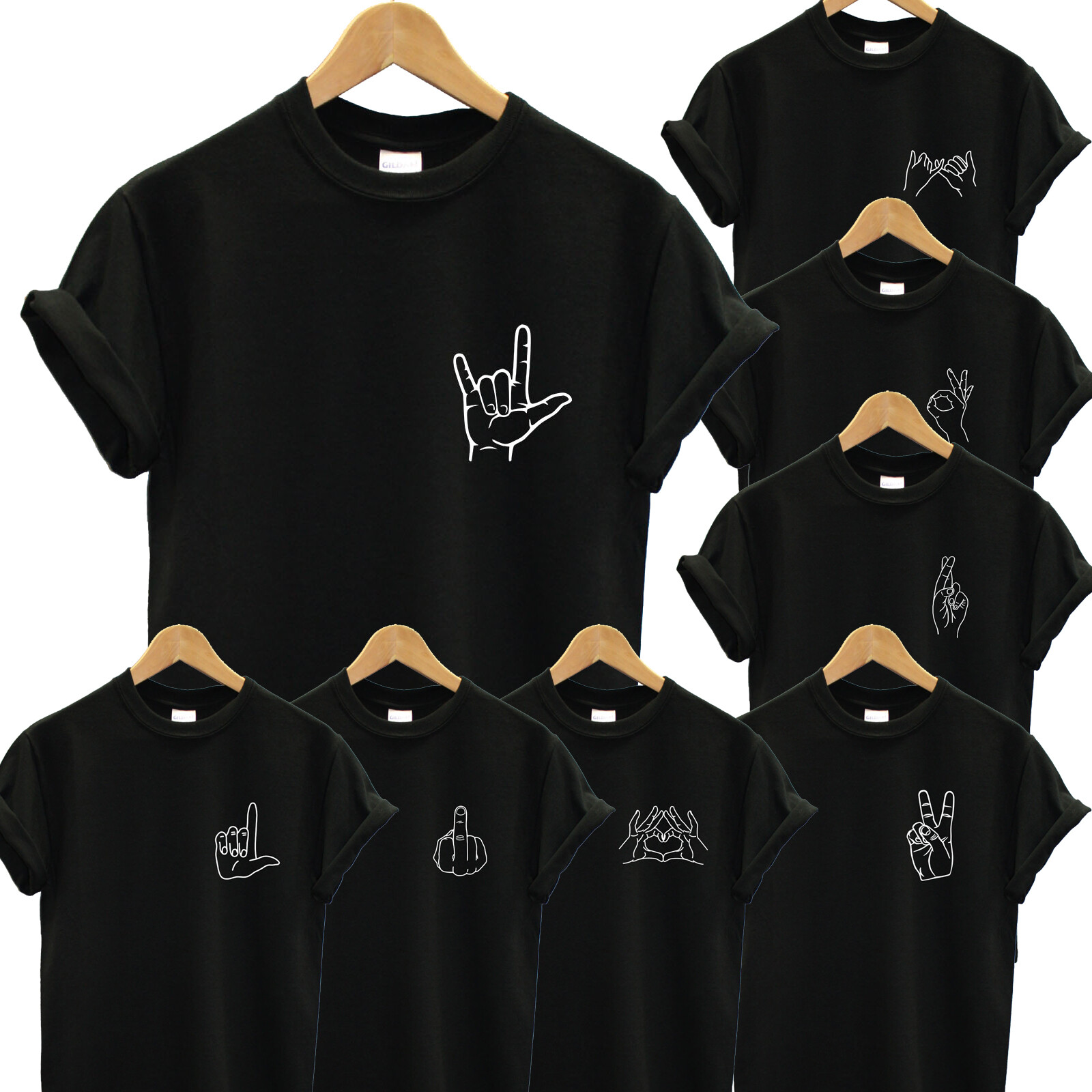 Hand Sign T-Shirt Gesture Language Cute Tops Teenager Girls Boy Men Ladies  Black | eBay