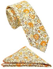 Mens Cotton Skinny Orange Floral Beige Tie Combo Set with Pocket Square