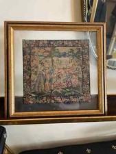 Vintage Handcrafted Needlepoint Tapestry Art Gold Frame Romantic Pastoral Scene