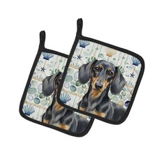 Caroline's Treasures Black Tan Dachshund Coastal Sea Glass Pair of Potholders