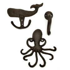 Nautical Cast Iron Wall Hooks Trio Octopus Tentacle Whale Beach Coastal