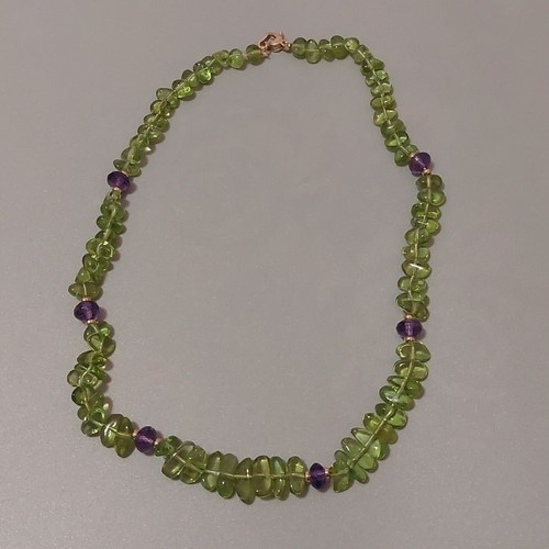 Collar Estate 14K 14 quilates broche de oro amarillo peridoto y cuentas de amatista 17" L
