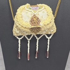 Antique Brass Envelope Pillow Purse Necklace Beaded Embroidered