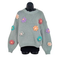 Floral Chunky Knit Sweater Cottage 3D Flowers Pastel Oversized Crewneck Size S/M