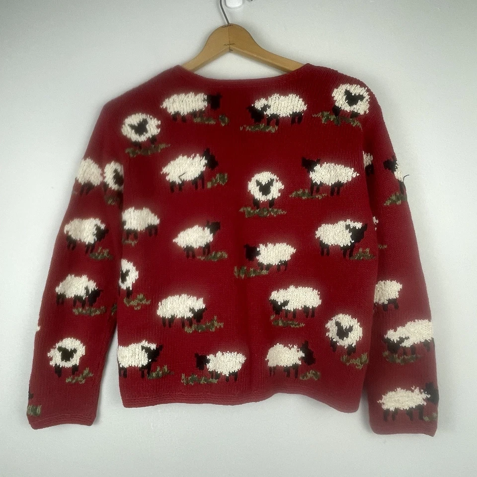 VTG Talbots Sheep Cardigan Hand Knit Small Novelty Red AOP Cottagecore 90's - Image 2 of 4