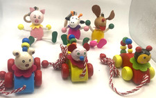 Vintage Wooden Animal Pull Toys  Keychains   Set of 6 Hand-Painted Details