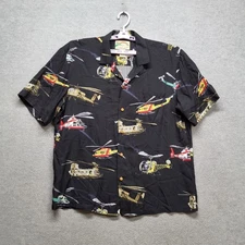 VINTAGE Paradise Found Men Button Up Shirt L Black Graphic Print Helicopters 90s