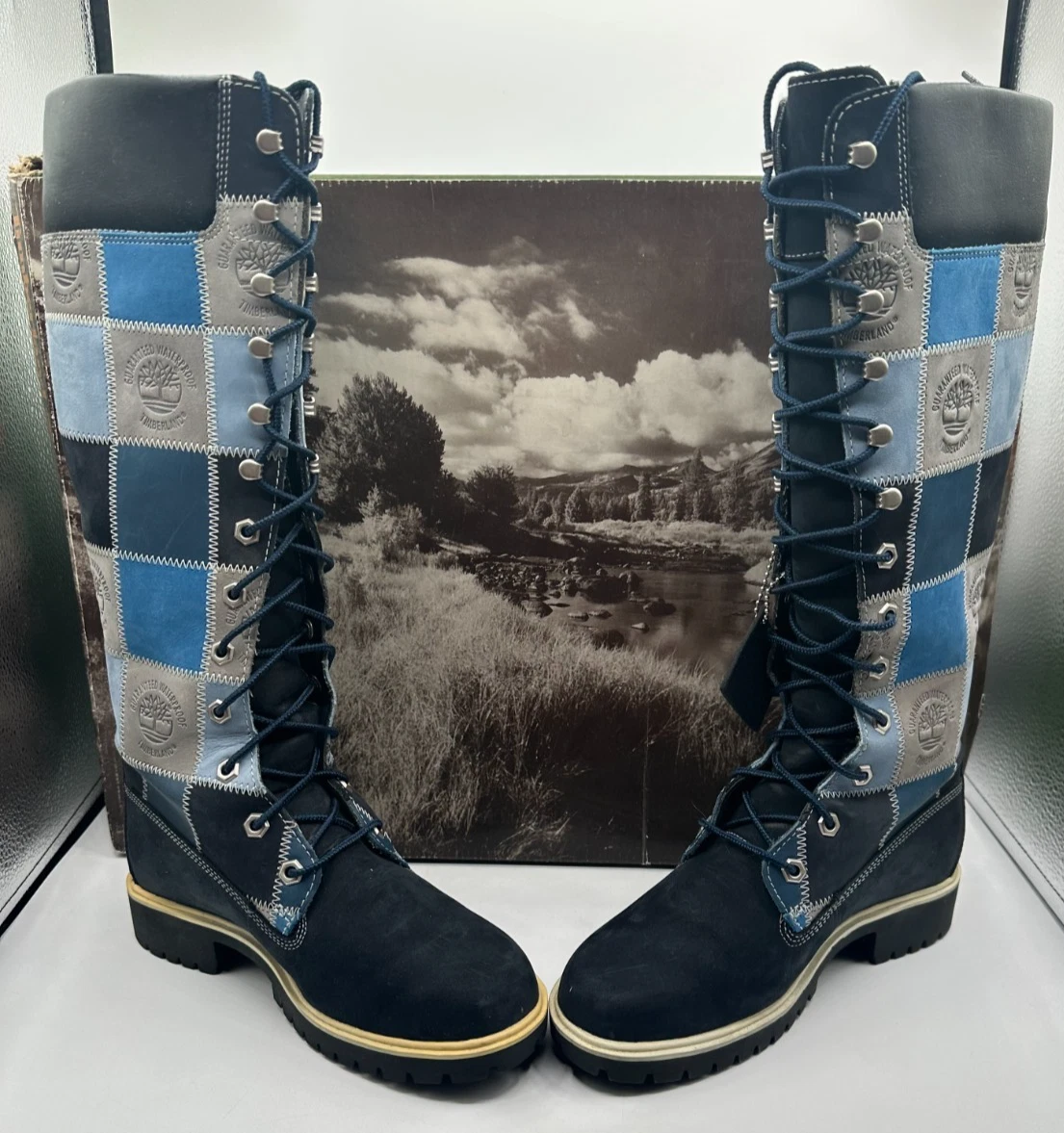 Stivali da combattimento Timberland blu in pelle patchwork al ginocchio stringati impermeabili 6M