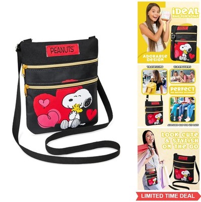 Snoopy Crossbody Bag Girls Teens Women Hearts Black Polyester Zipper Purse