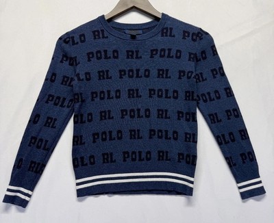 Polo Ralph Lauren Sweater Kids Small (8) Navy Blue Allover Print Logo Tight Knit