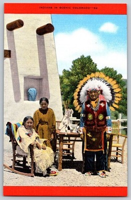 Indians in Scenic Colorado- vintage linen unposted native Americana Postcard