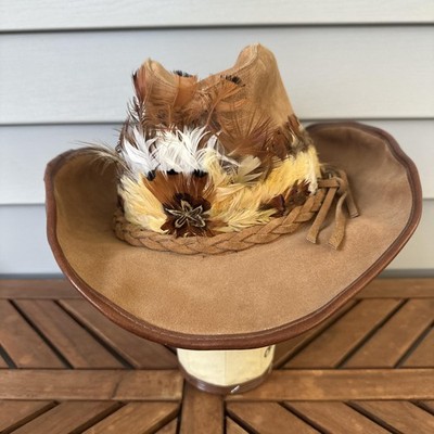 Western Hat Cowboy Fitted Mens Small Tan Suede Leather Feather Band Braided