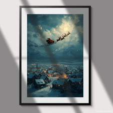 Santa Claus Poster Sleigh Reindeer Flying Christmas Winter Village Art Print