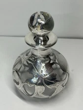 Antique Art Nouveau Sterling Silver Overlay Glass Perfume Bottle 4.25"