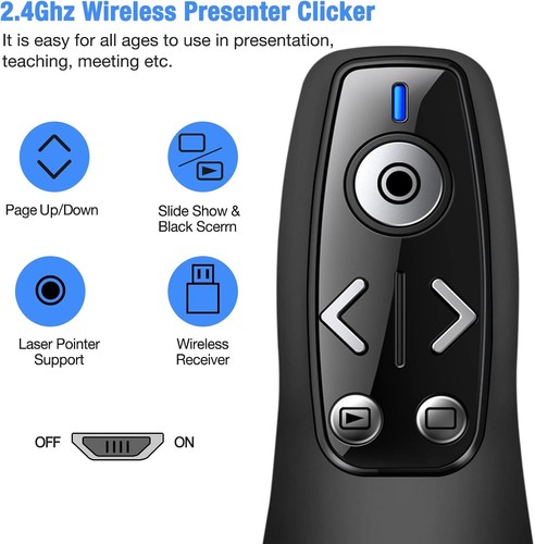 Ergonomic PowerPoint Clicker with Bright Red Laser & Volume Control, 100ft - Photo 4/8