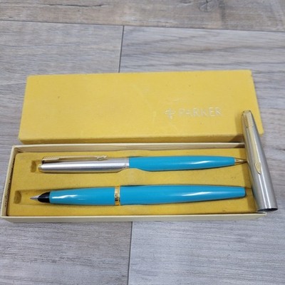 Parker 45 Chrome Cap & Teal Blue Aqua Stainless Steel Nib Fountain pen Set