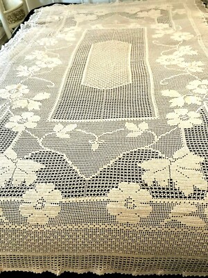 Vtg Pointelle Crocheted Table Cloth Neutral Farmhouse Taupe Floral 56''x88'' E17
