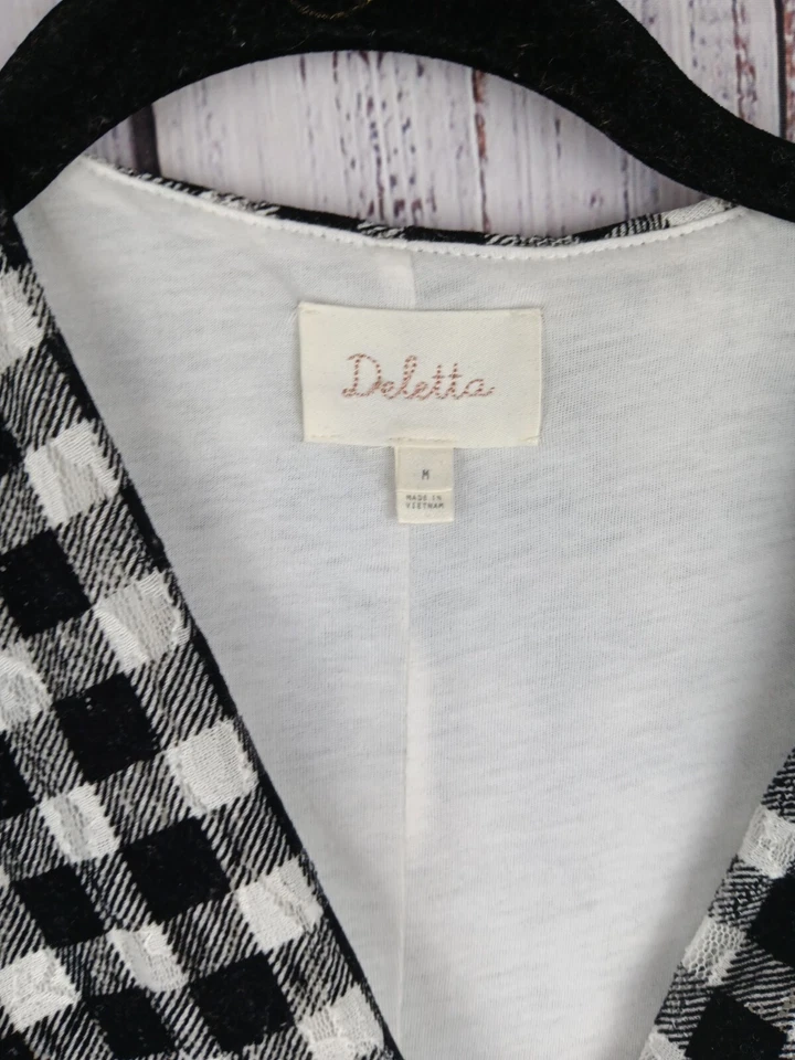 Deletta Anthropologie Delphine 黑色白色背心衬衫 尺寸 M 蕾丝格子格子  — 第 3/4 张图片