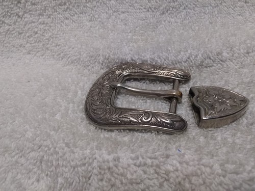 Silver Engraved Flower Filigree Western Belt Buckle And Tip Great Vintage Shape - Picture 4 of 7