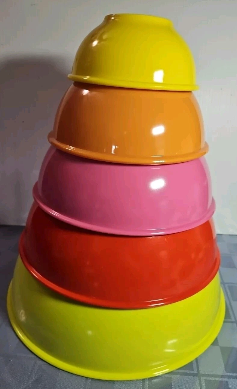 Vintage Set of 5 Melamine Plastic Nesting Mixing Bowls Rainbow Colors Serving
