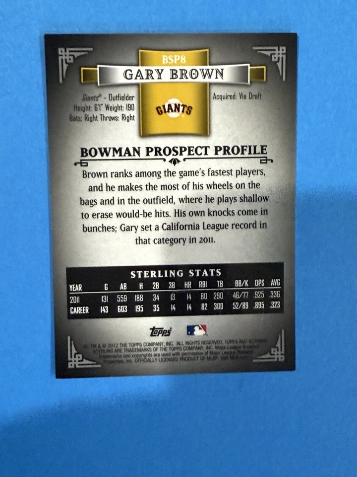 Bowman Sterling Prospects Gold Refractors 2012 #BSP8 Gary Brown #ed 39/50 Foto 2 de 2