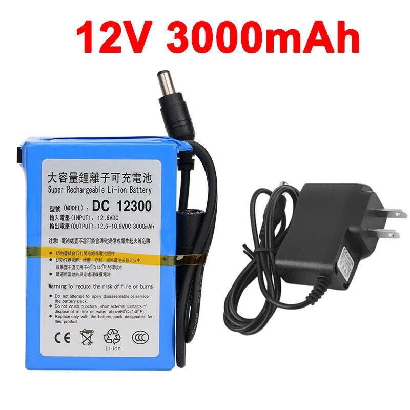 12V DC Rechargeable Lithium-ion Battery Portable Battery Pack w/ Charger Switch