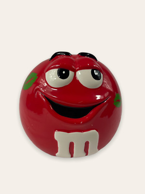 RARE!!  M&M Red Ceramic Cookie Jar Candy Galerie Green Kiss Lips 2003 Vintage