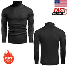 Men's Turtleneck Pullover Solid Color Striped Bottom Knit Sweater Stretchy Warm