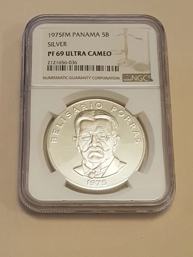 1975 FM Panama .925 Silver Proof 5 Balboas Coin NGC Graded PF69 Ultra Cameo PR69