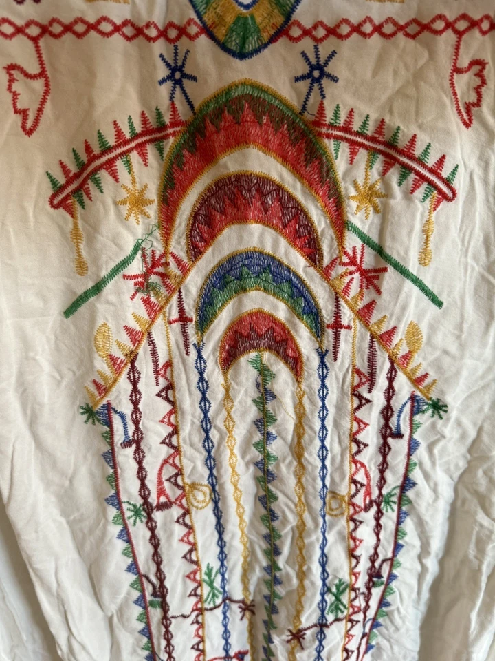 Vintage 70s Kerdasa Kaftan Egypt Hand Embroidered Tassels Long Ivory Stunning - Image 3 of 4