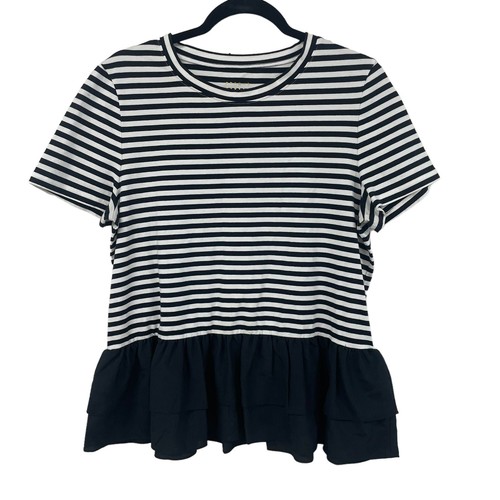 Kate Spade Broome Street Short Sleeve Striped Ruffle Hem Black White Top Large