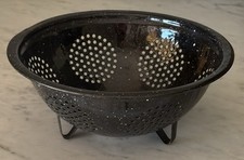 Vintage Collectible Decorative Black &amp; White Speckled Enamelware Colander
