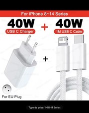 Chargeur Rapide 40W USB-C + Câbles USB-C 1M -iPhone 8-14 / Pro Max FAST Charge