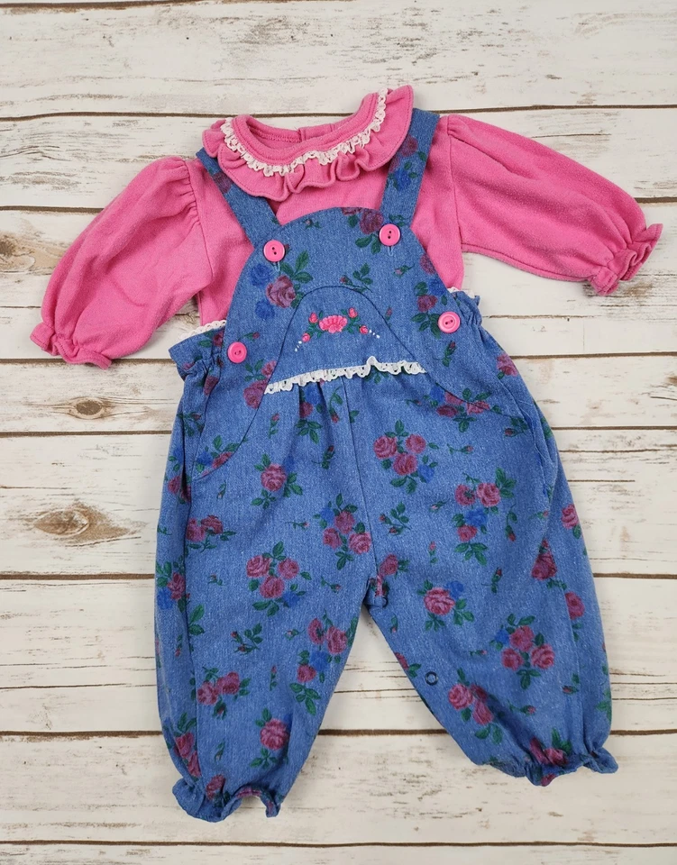 Conjunto Vintage Bebé Niña - Top Rosa con Volantes y Mono Denim Floral - 3-6 Meses Foto 2 de 4