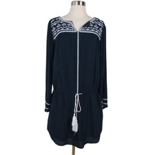 GAP Mini Dress Women's Blue Crepe Embroidered Peasant Size M Long Sleeve
