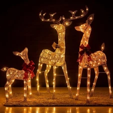 YULETIME 3-Piece Pre-lit 3D Christmas Reindeer Family, Lighted Glitter Christ...