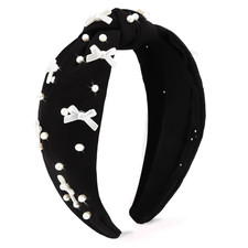 Black Headband Bow Pearl Knotted for Women Girls Wide Non Slip Hairbands