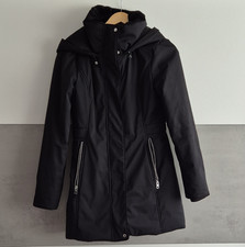 ZARA Parka Mantel schwarz XS lang Kapuze Kuns...