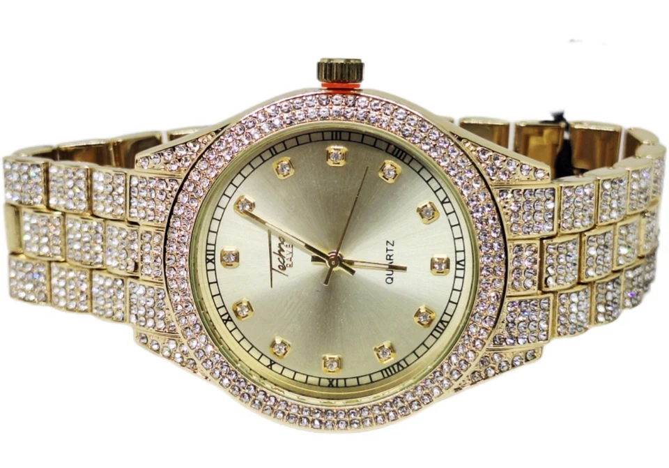 Reloj de vestir Techno Pave tono dorado 42 mm banda cara dorada tachonada imitación diamante para hombre Foto 3 de 4