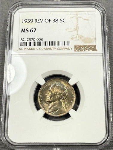 1939 Jefferson Nickel 5c Rev Of 1938 - NGC MS67 - Light Toning