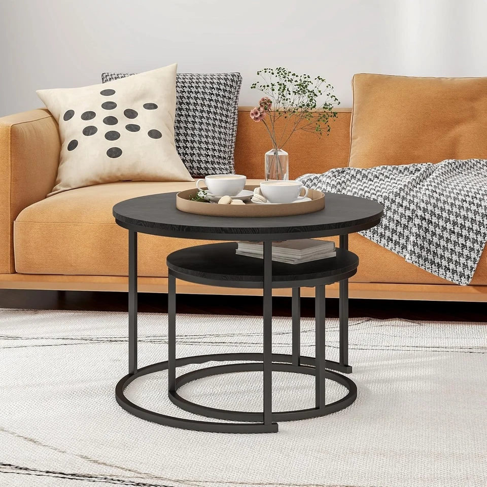 Set of 2 Round Coffee Table Nesting Side End Tables Walnut Wood Black 807 - Image 3 of 4