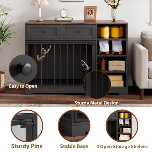 Dog Crate Furniture 47”, Large Dog Crate TV Stand with 2 Drawers and 4 Shelve... - Picture 4 of 7