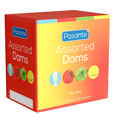 Pasante Assorted Dams 36 aromatisierte Lecktücher Dental Dams Mix, Oralschutz